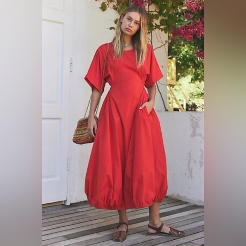 Free People Carmen Tee Open Back Cotton Midi Dress in Flame Scarlet ZB3